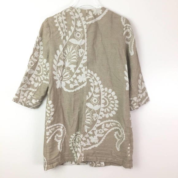 Chico's Tan and White Linen Paisley Print 3/4 Sleeve Long Jacket Size Medium - Picture 4 of 8